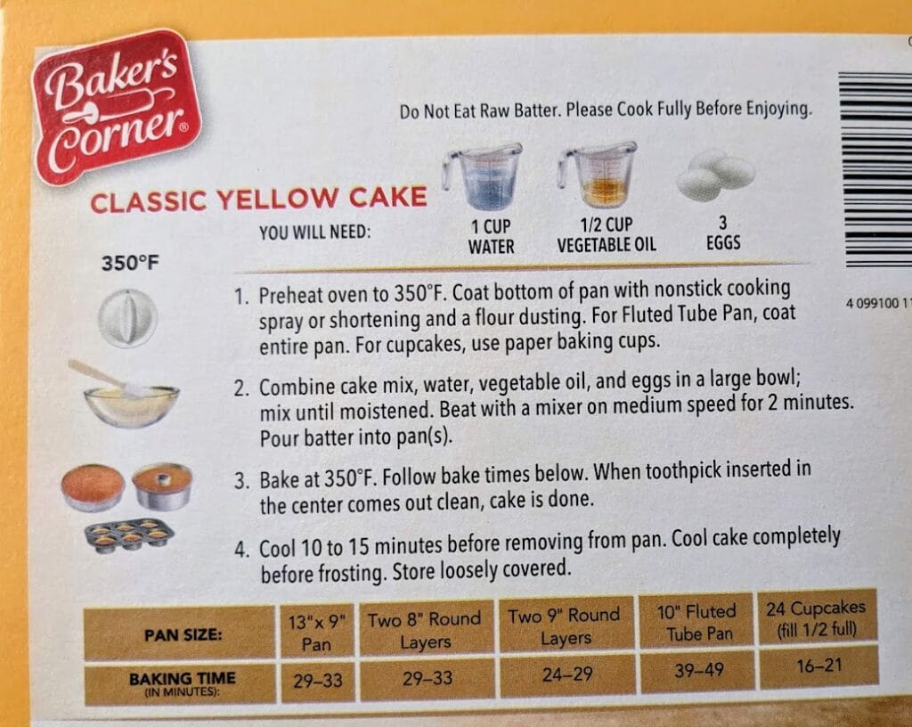 Cooking instructions with baking times for Aldi Yellow Cake from Baker's Corner.