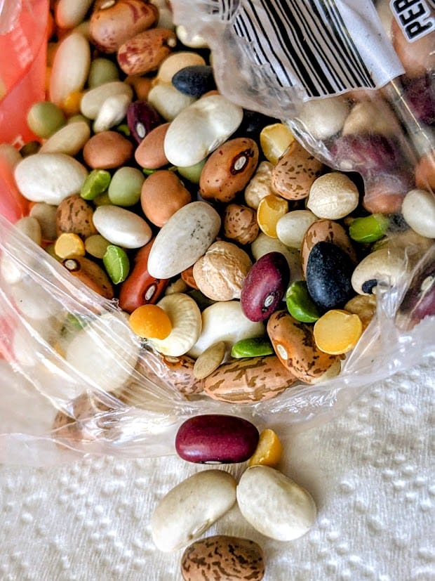A pile of assorted dry beans spilling out of a bag.