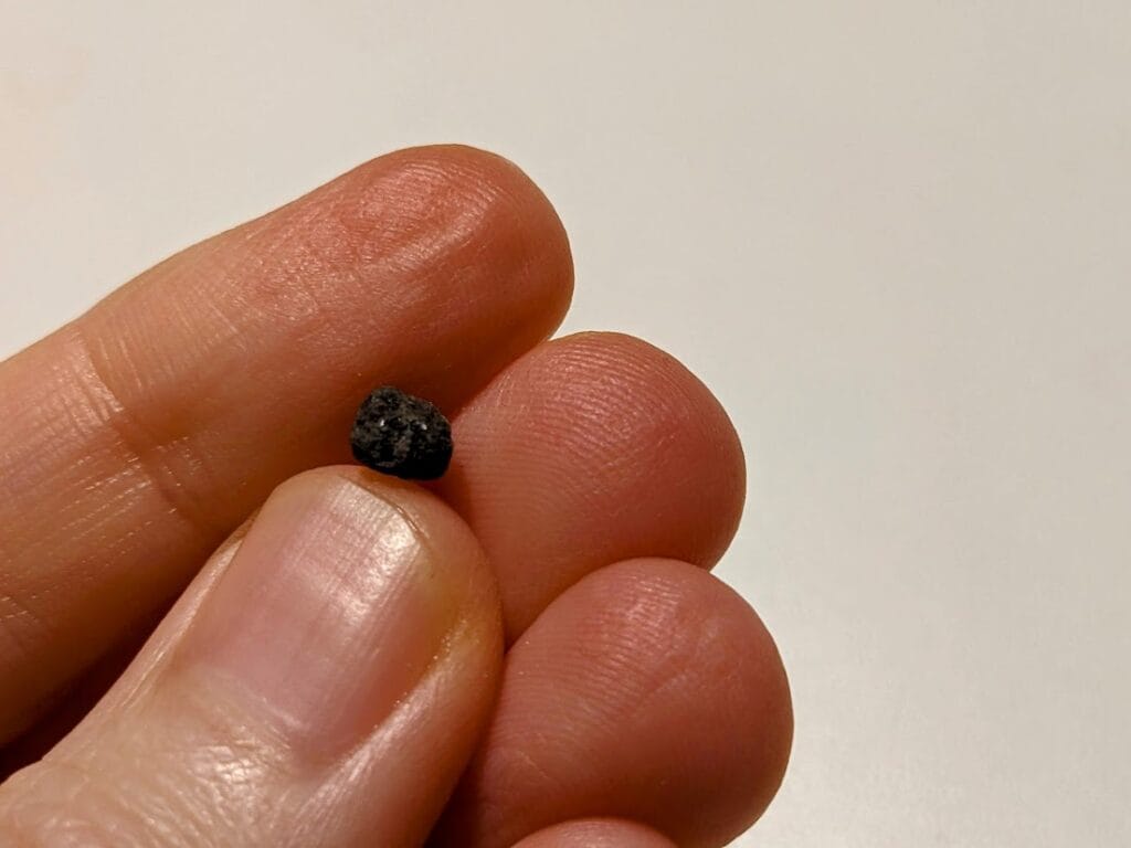 Fingers holding a small rock from a bag of dry soup mix.