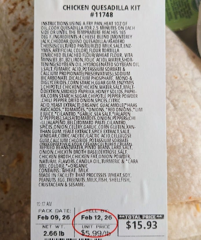 Ingredients in Costco Deli Chicken Quesadilla Kit.