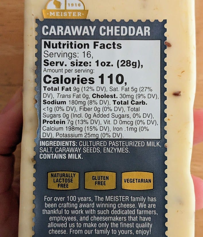 Label with Nutrition Facts and Ingredients from a package of Meister Caraway Cheddar cheese.