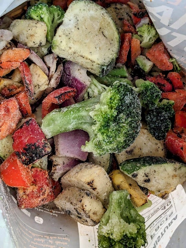 Inside a bag of frozen fire roasted Primavera Mistura from Pura Vida.