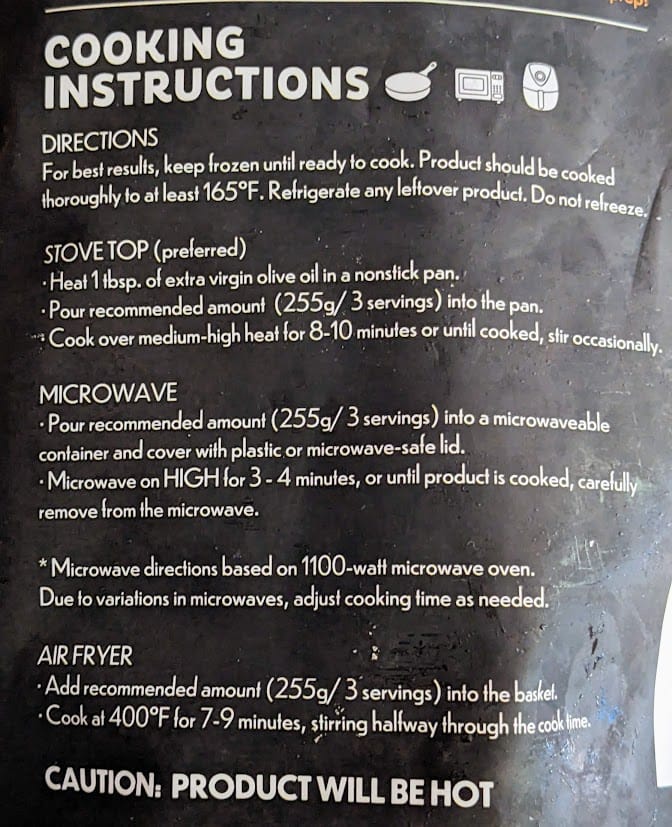 Cooking Instructions from a bag of frozen Primavera Mistura from Pura Vida.