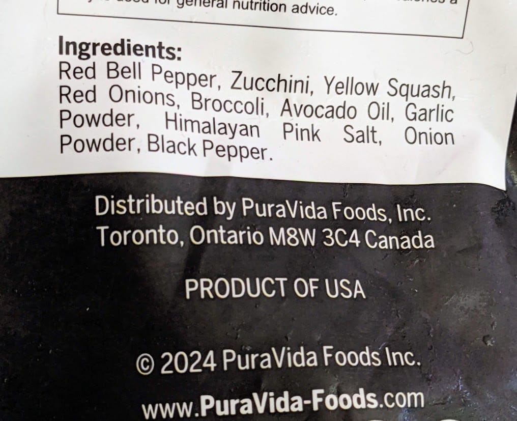 Ingredients in Pura Vida Fire Roasted Primavera Mistura frozen vegetables.