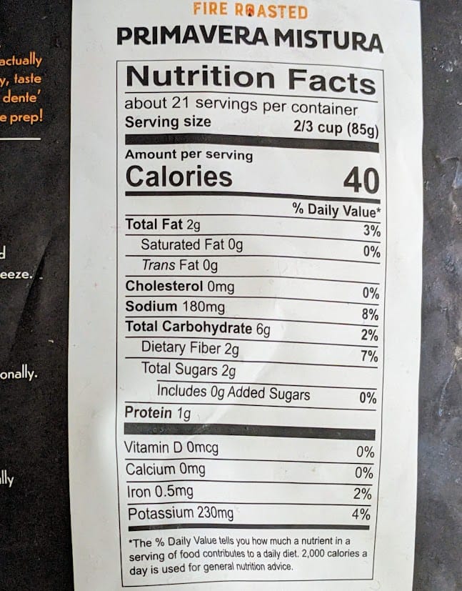 Nutrition Facts in Fire Roasted Primavera Mistura frozen vegetables from Pura Vida.