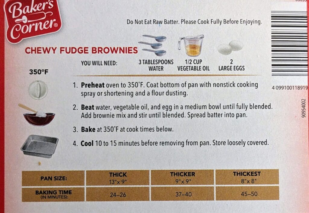 Baking instructions from a box of Aldi Chewy Fudge Brownie Mix.