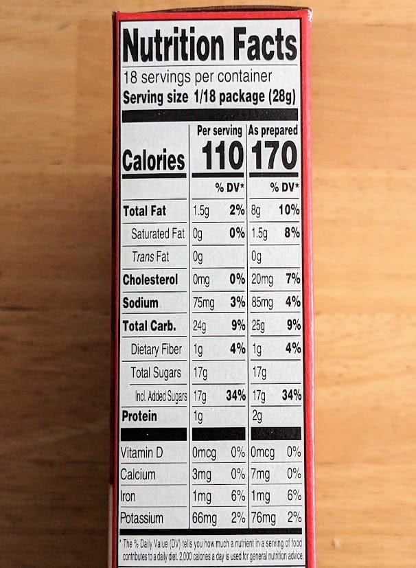 Nutrition Facts in a family size box of Baker's Corner Chewy Fudge Brownie Mix from Aldi.