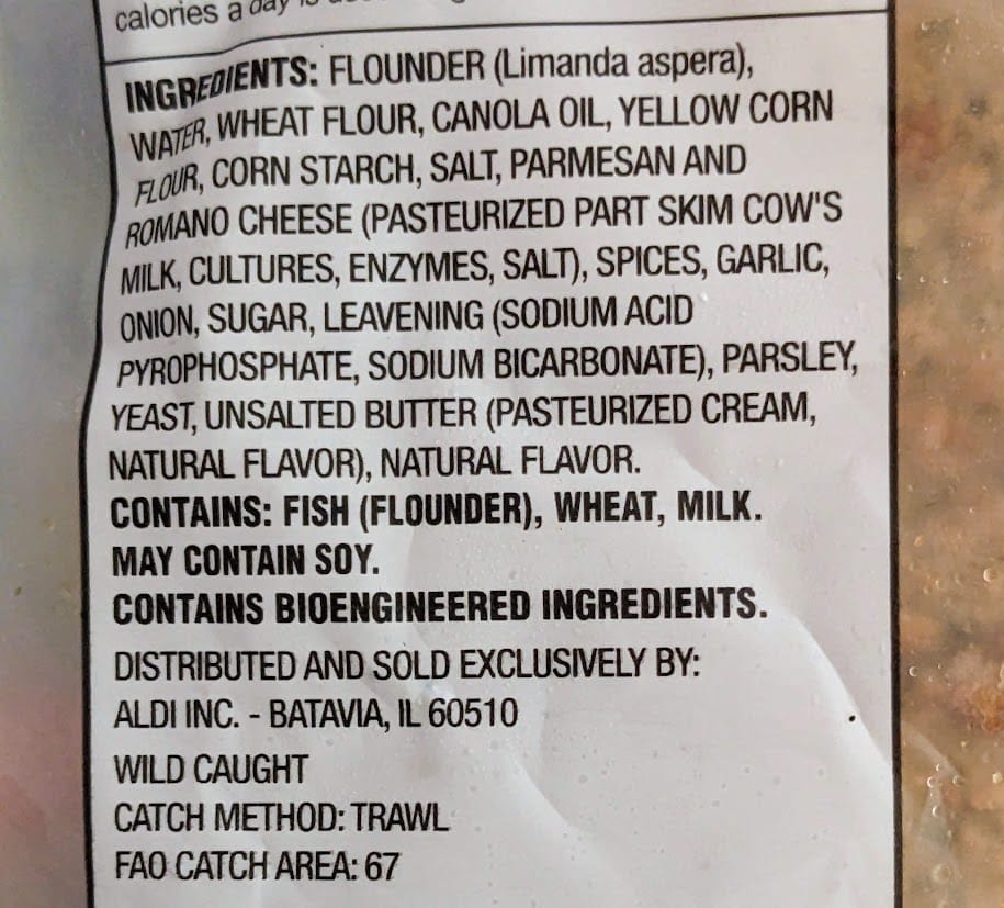 Ingredients in Aldi Parmesan Breaded frozen Flounder fillets.