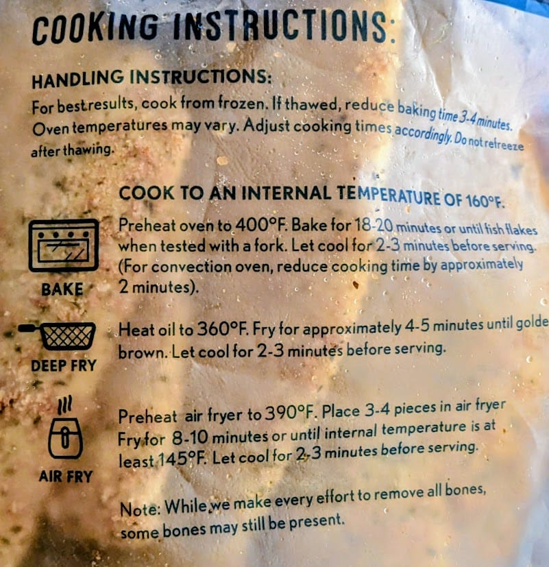 Cooking Instructions from a bag of Fremont Fish Market Parmesan Crusted Flounder fillets from Aldi.
