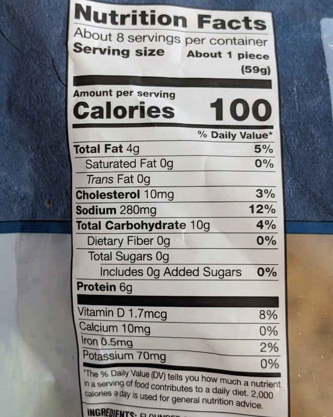 Nutrition Facts in Aldi Fremont Fish Market frozen Parmesan Crusted Flounder.