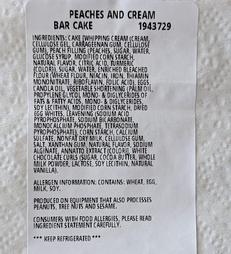 Ingredients in Costco Kirkland Peaches and Cream Bar Cake.