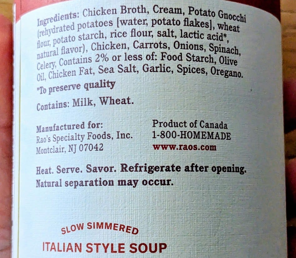 Ingredients in Rao's Chicken & Gnocchi Soup.