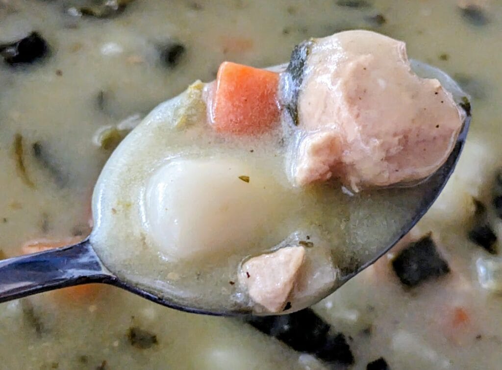 A spoon with a scoop of Rao's Chicken & Gnocchi Soup, showing the chunks of meat, cubes of carrots, spinach flakes, and potato dumplings.