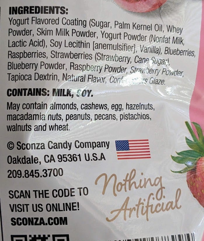 Ingredients in Sconza Yogurt Creme covered Freeze Dried Berries.