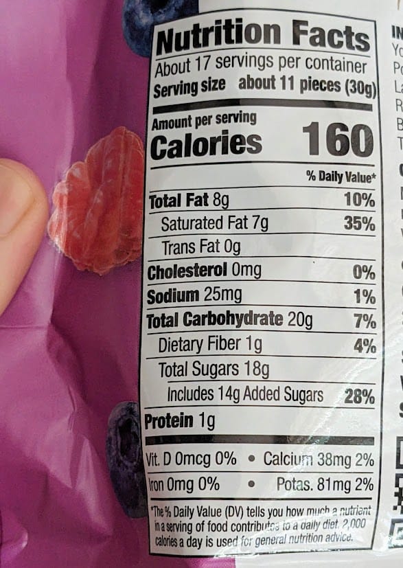 Nutrition Facts in Sconza Confections Yogurt Creme Freeze Dried Berries.