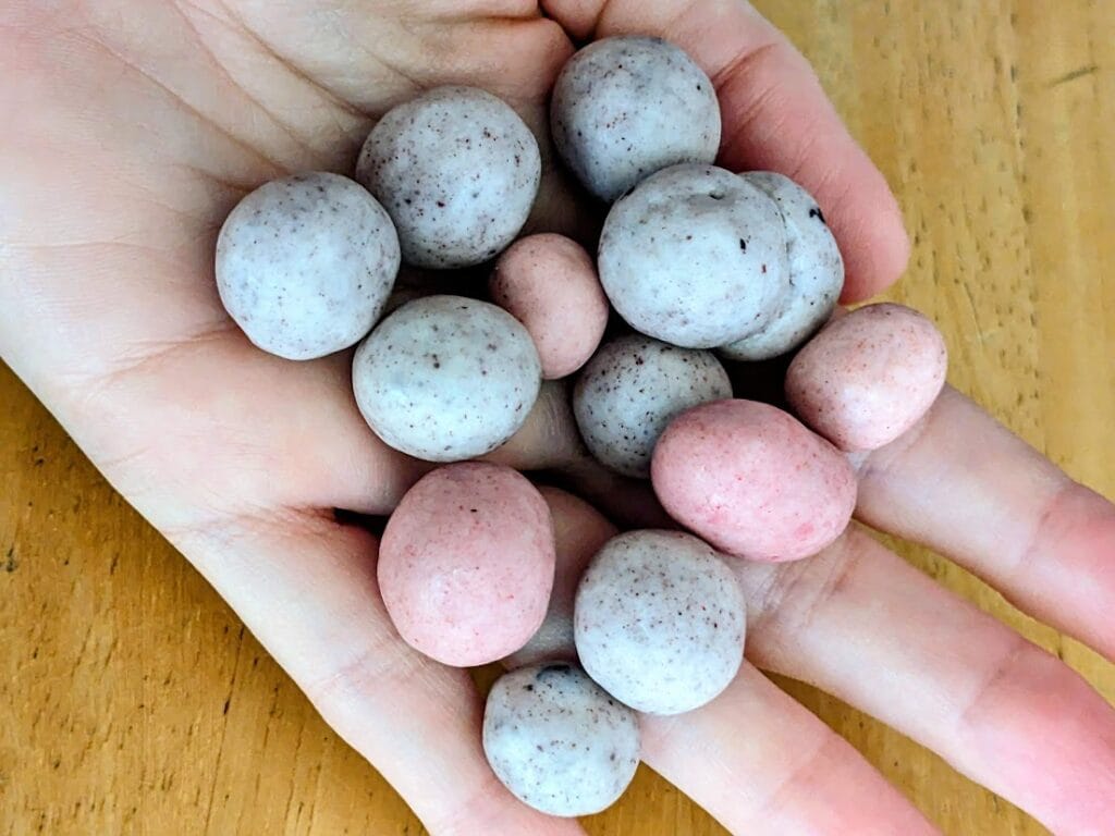 A hand holding a pile of pink and blue yogurt covered Sconza freeze dried berries.