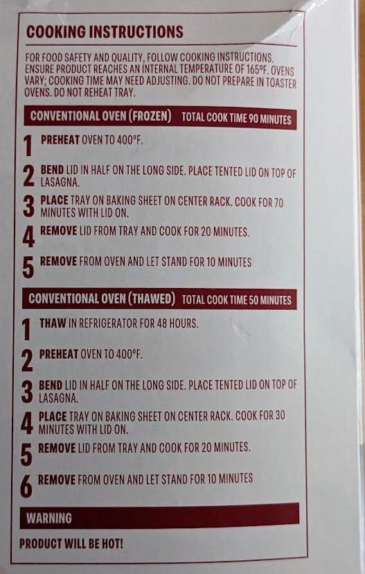 Cooking Instructions from a box of frozen Bremer Lasagna from Aldi.