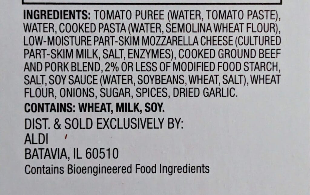 Ingredients in Bremer Party Size Lasagna with Meat Sauce from Aldi.