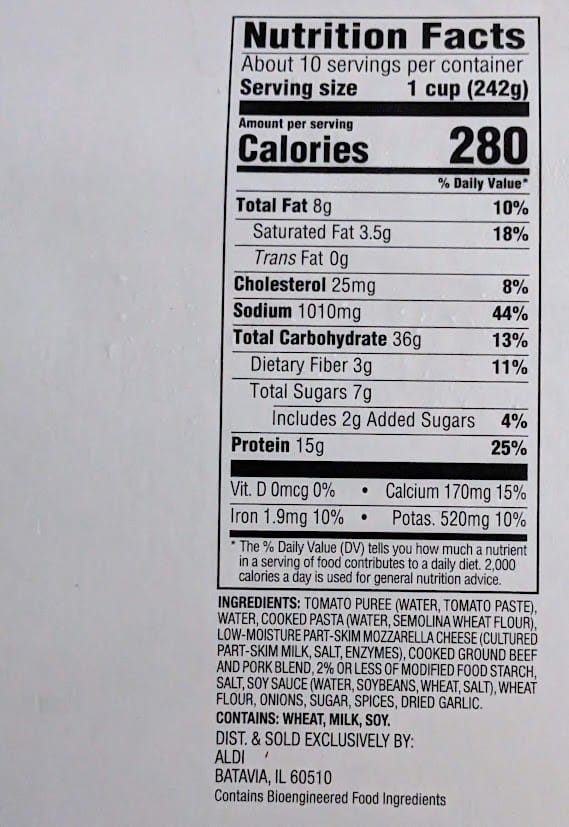 Nutrition Facts in Aldi Bremer Lasagna with Meat Sauce.