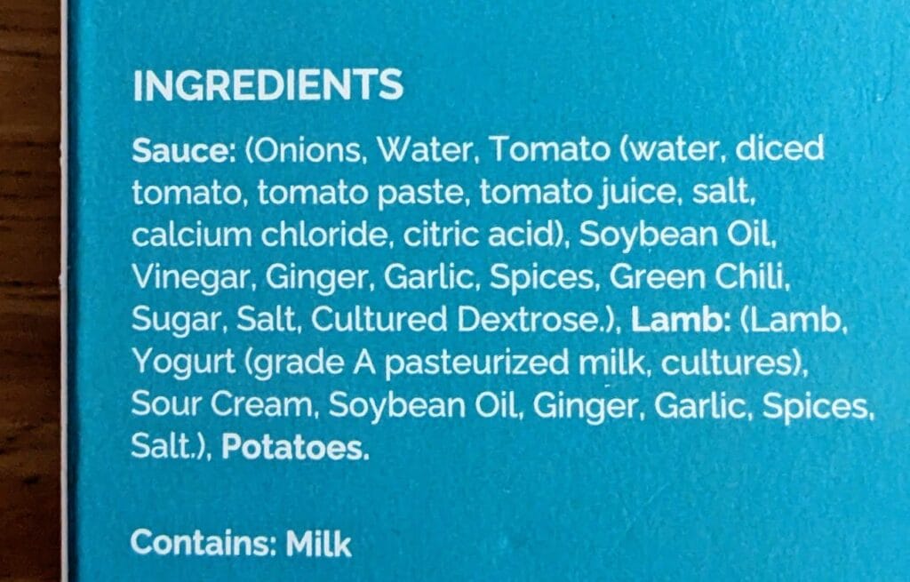 Ingredients in Quicklly Goanese Lamb Vindaloo indian meal from Costco.