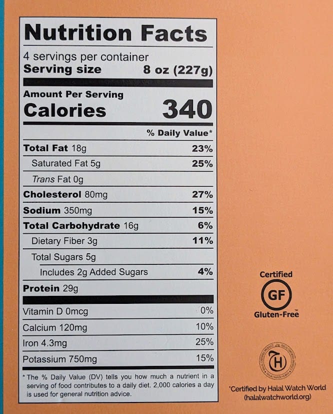 Nutrition Facts from a package of Quicklly Indian Goanese Lamb Vindaloo curry.