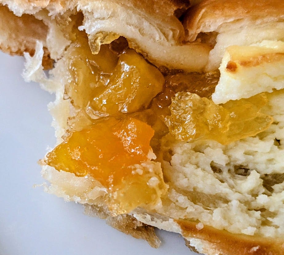 Fruit pieces inside a Costco Peaches and Cream Pastry.