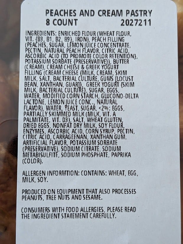 Ingredients in Costco Peaches and Cream Pastries.