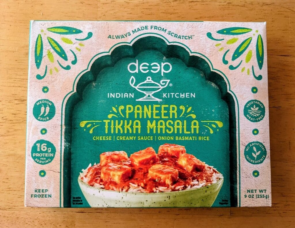 A box of Deep Indian Kitchen frozen Paneer Tikka Masala.