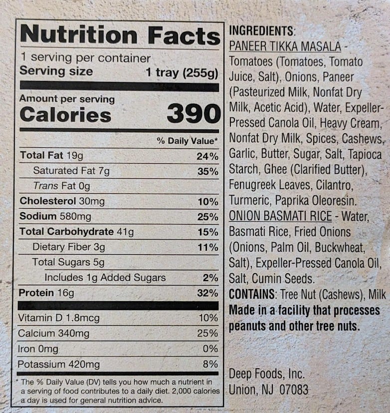 Nutrition Facts and Ingredients from a box of Deep Indian Kitchen Paneer Tikka Masala.