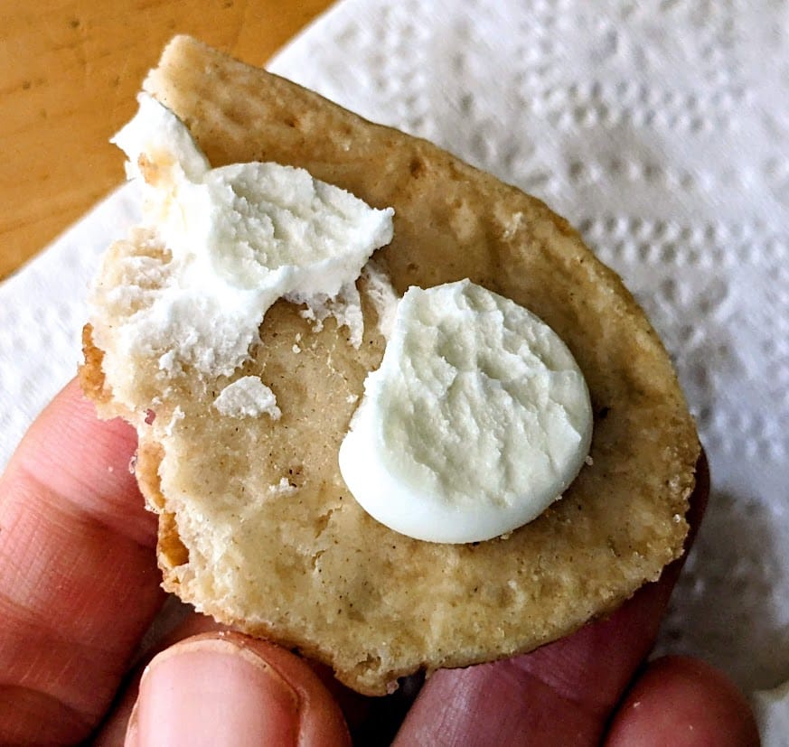 An open Danish Puff Pastry Cooke from Karens Bakery, showing the lemon creme filling.