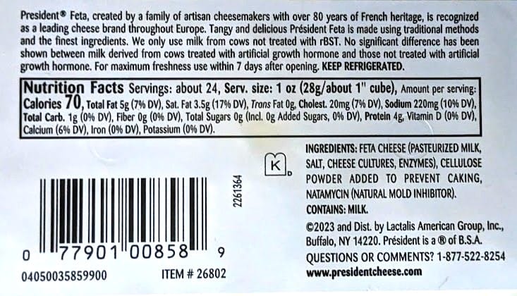 Nutrition Facts and Ingredients in President brand Feta Cheese Crumbles from Costco.