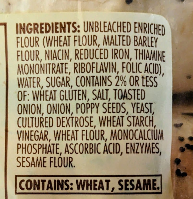Ingredients in Publix Greenwise Onion Bagels.