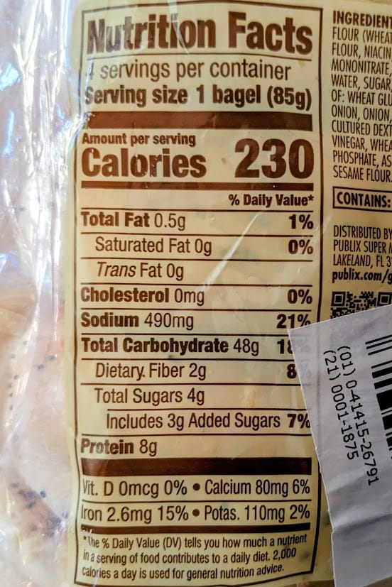 Nutrition Facts in Onion Bagels from Publix Greenwise brand.