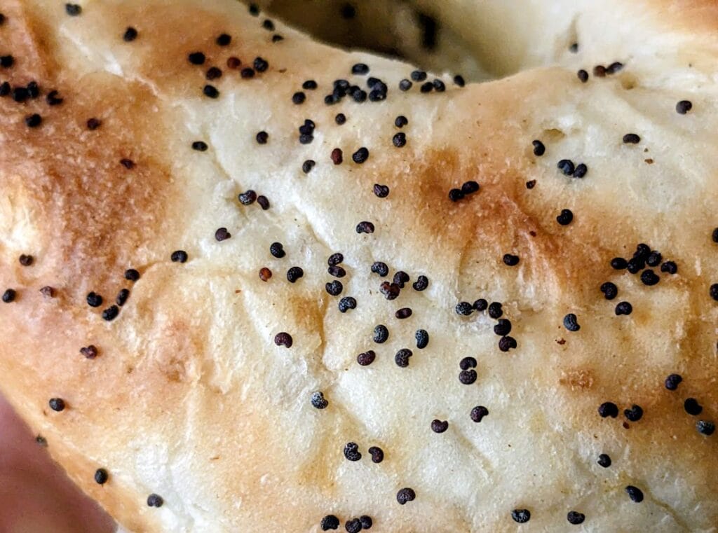 Close up of poppyseeds on a Publix Greenwise Onion Bagel.