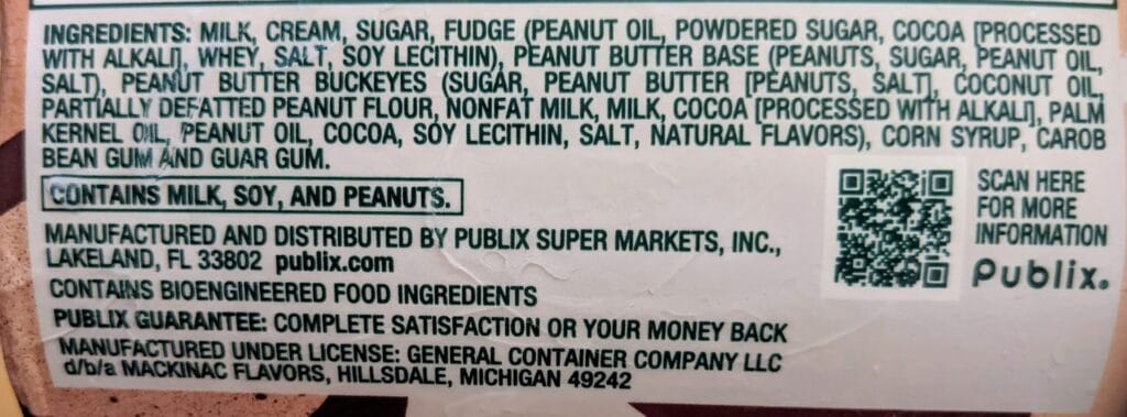 Ingredients in Publix store-brand Limited Edition Buckeyes & Fudge Premium Ice Cream.