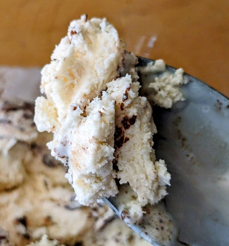 A spoonful of Publix Buckeyes & Fudge Ice Cream, showing the texture.