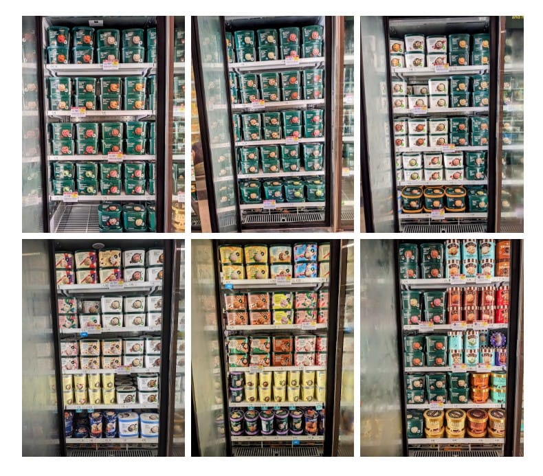 A grid with six pictures of ice cream shelves inside a Publix supermarket grocery store.