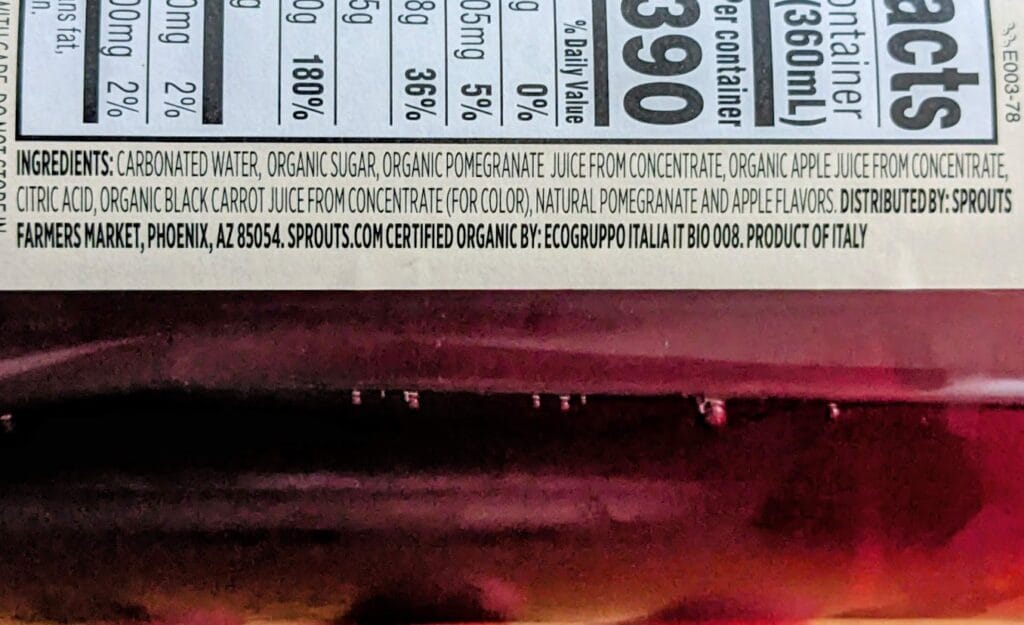 Ingredients in Sprouts Farmers Market Pomegranate Italian Soda.