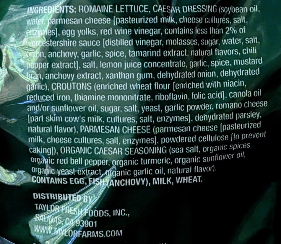 Ingredients in Taylor Farms Ultimate Caesar Salad Kit from Costco.