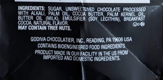 Ingredients in Godiva Masterpiece Dark Chocolate Ganache candies.