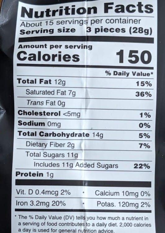 Nutrition Facts in Godiva Dark Chocolate Ganache Masterpiece candies.