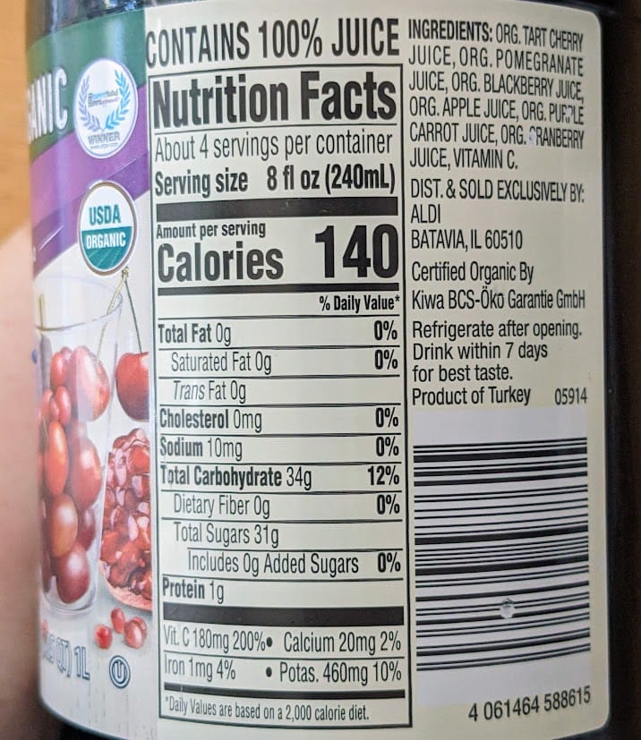 Nutrition Facts and Ingredients from the label on a bottle of Aldi's Simply Nature Organic Antioxidant Power Juice.
