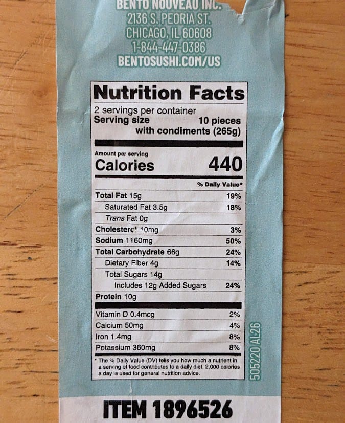 Nutrition Facts in Costco Bento Sushi California Crunch Combo.