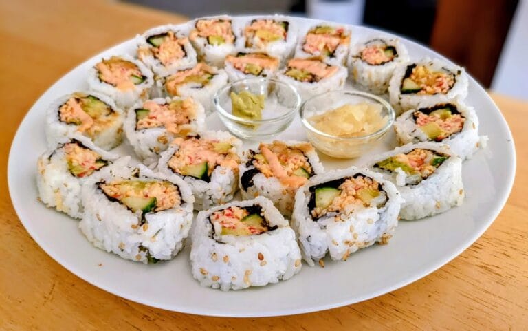 A plate with sushi from Costco.