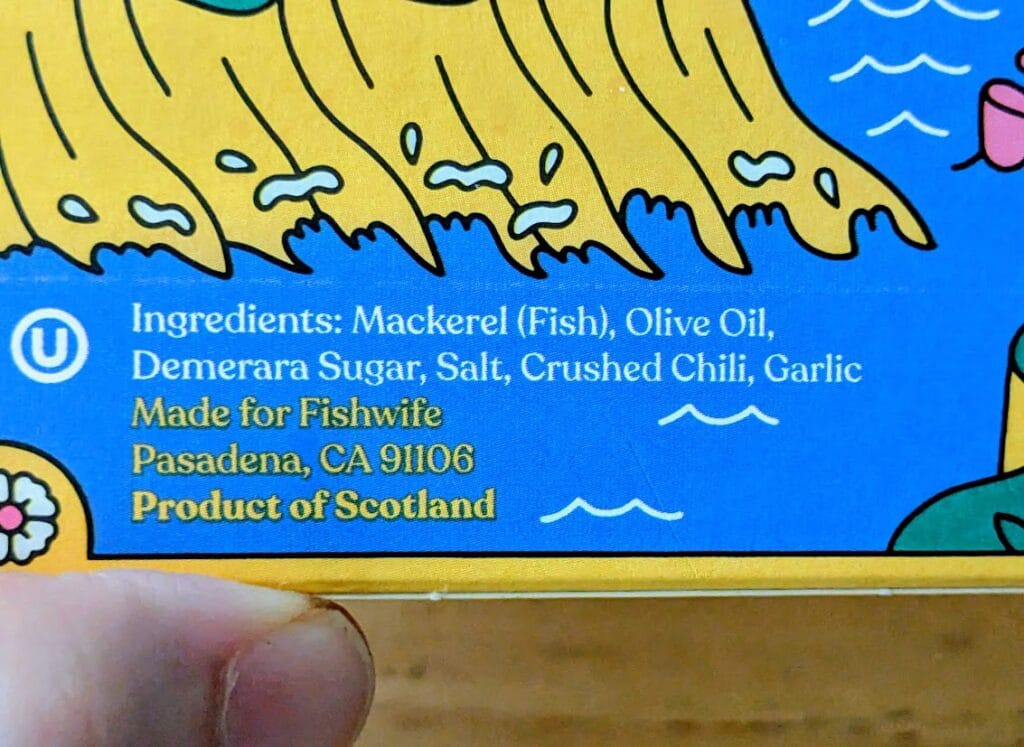 Ingredients in a can of Fishwife Smoked Mackerel with Chili Flakes.