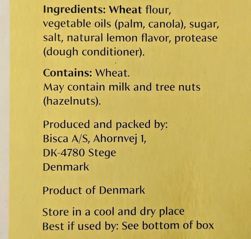Ingredients in Karens Bakery Lemon Puff Pastry Danish Cookies.