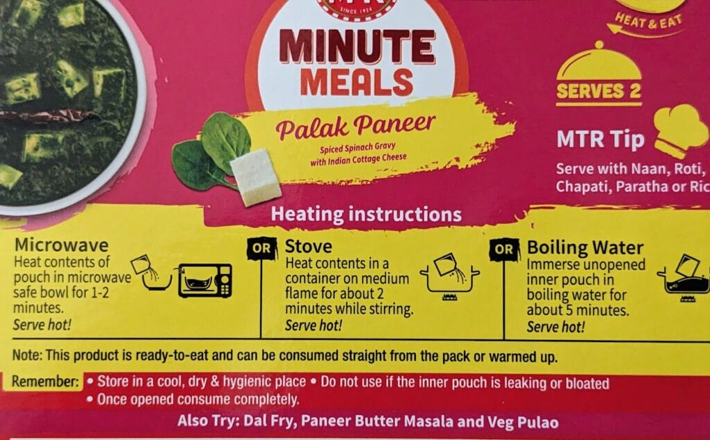 Heating instructions from a package of MTR Minute Meals Palak Paneer.