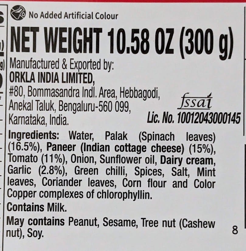 Ingredients in an MTR Palak Paneer Minute Meal.