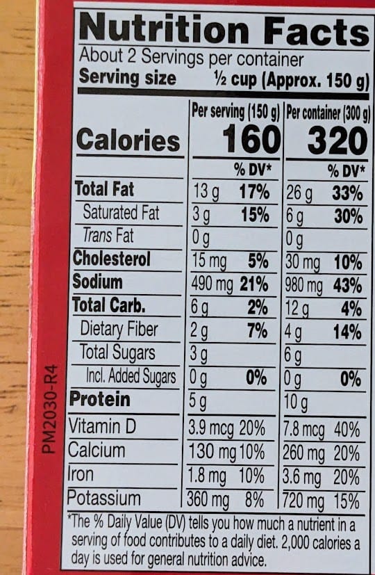 Nutrition Facts in an MTR Minute Meal Palak Paneer.