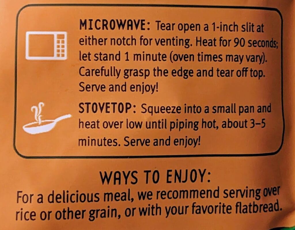 Cooking instructions from a package of Maya Kaimal Madras Potato Curry meal.